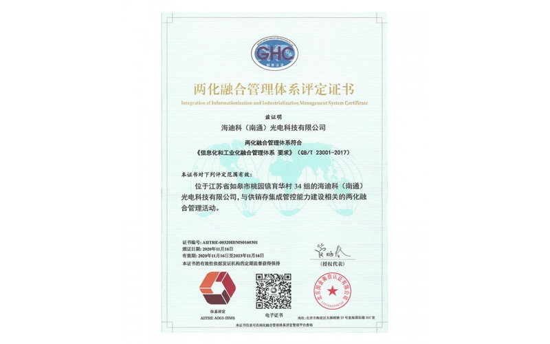 兩化融合管理體系貫標(biāo)證書(shū)